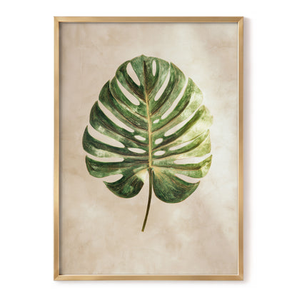 Linen-Ground Monstera, green, beige, gold nature wall art, front artwork view