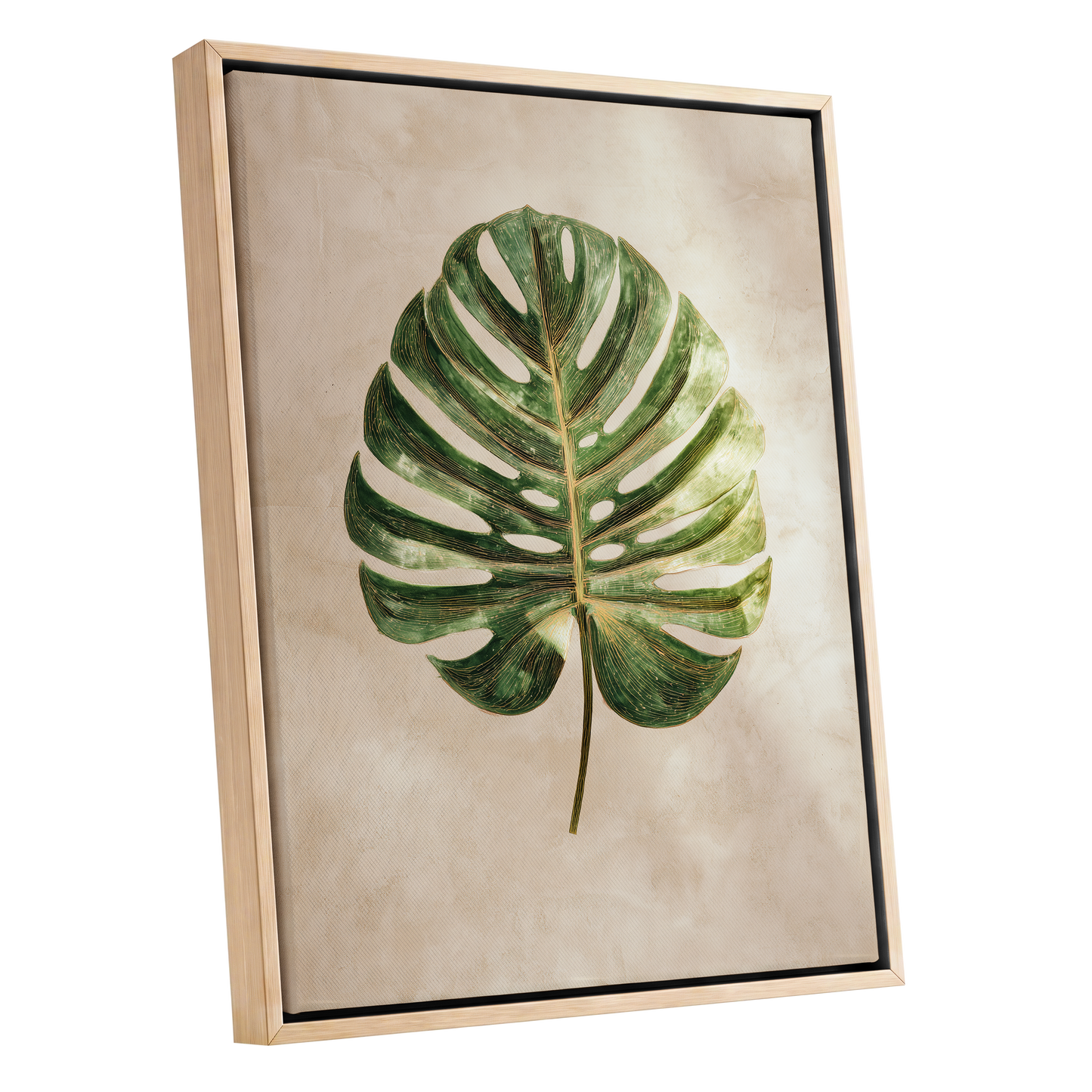 Linen-Ground Monstera, green, beige, gold nature wall art shown as a oak framed canvas wall art
