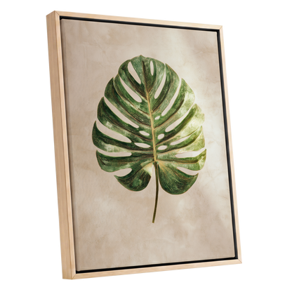 Linen-Ground Monstera, green, beige, gold nature wall art shown as a oak framed canvas wall art