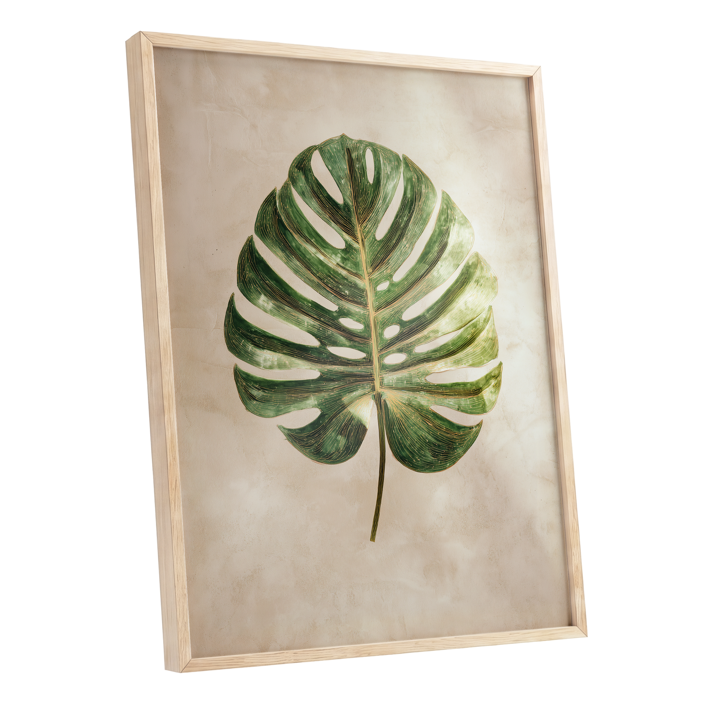 Linen-Ground Monstera, green, beige, gold nature wall art shown as a oak framed poster wall art print