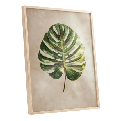 Linen-Ground Monstera, green, beige, gold nature wall art shown as a oak framed poster wall art print