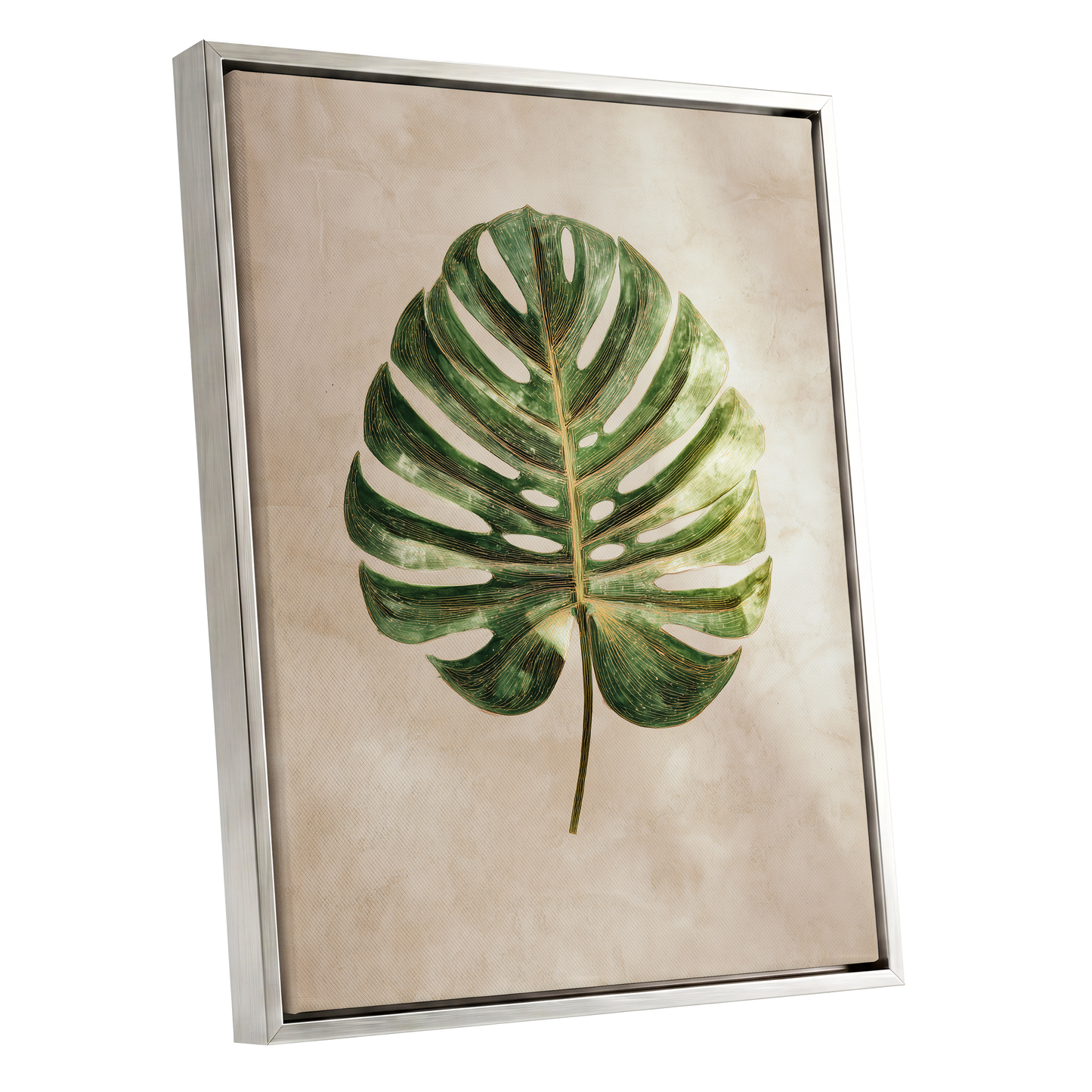 Linen-Ground Monstera, green, beige, gold nature wall art shown as a silver framed canvas wall art