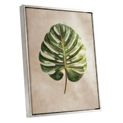 Linen-Ground Monstera, green, beige, gold nature wall art shown as a silver framed canvas wall art