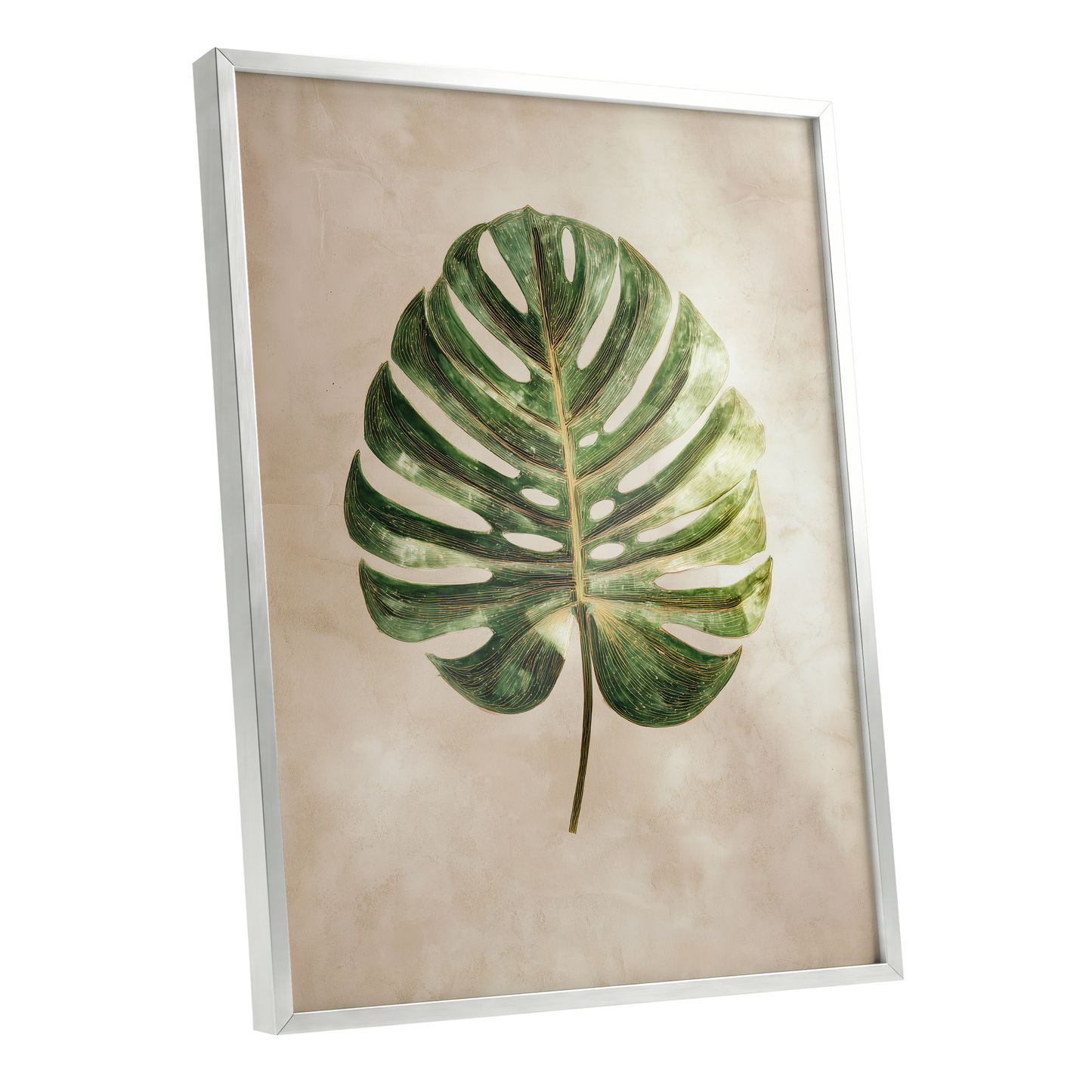 Linen-Ground Monstera, green, beige, gold nature wall art shown as a silver framed poster wall art print