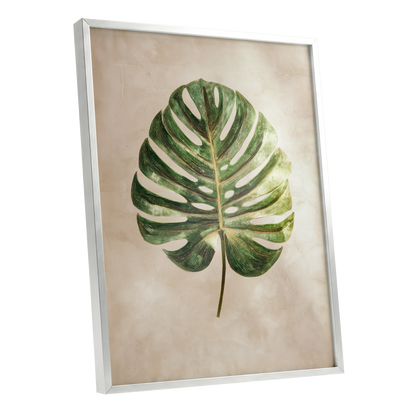 Linen-Ground Monstera, green, beige, gold nature wall art shown as a silver framed poster wall art print
