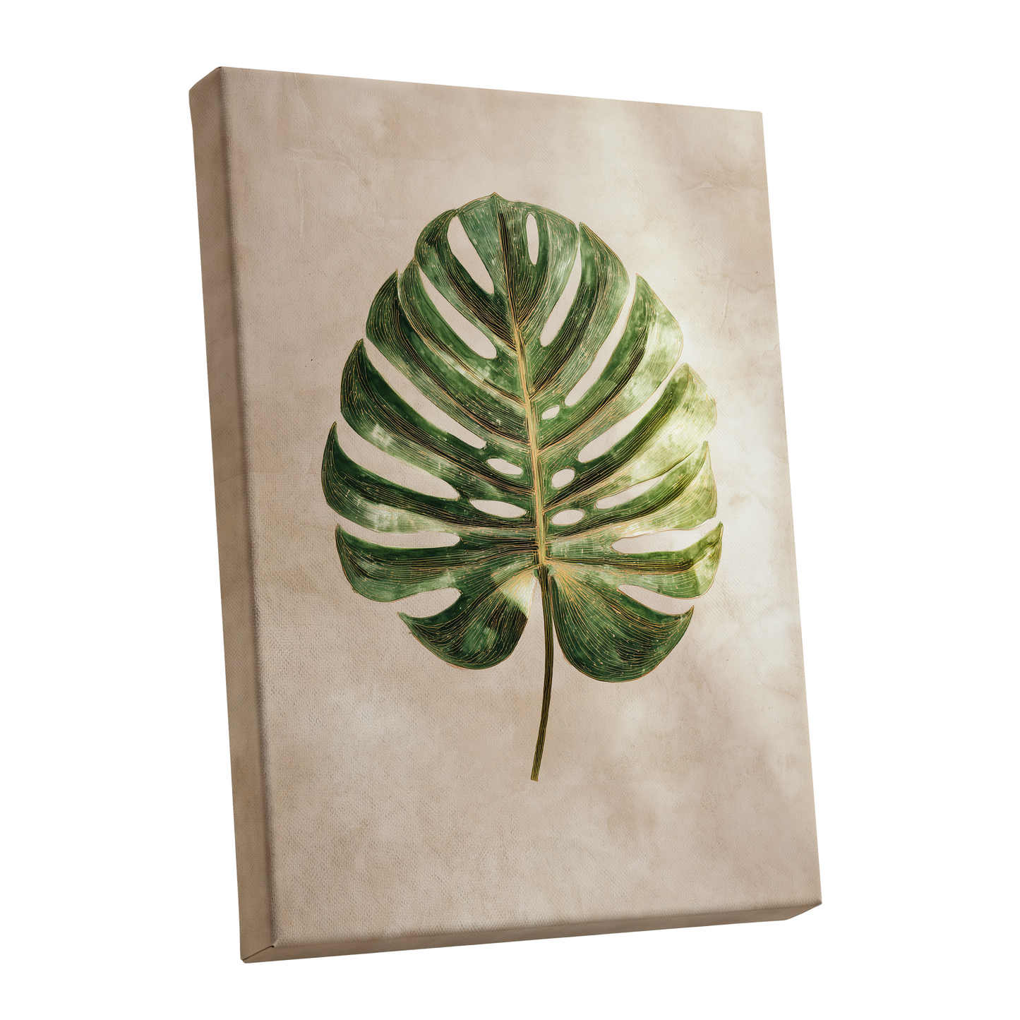 Linen-Ground Monstera, green, beige, gold nature wall art shown as a stretched canvas wall art