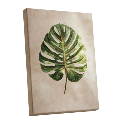 Linen-Ground Monstera, green, beige, gold nature wall art shown as a stretched canvas wall art