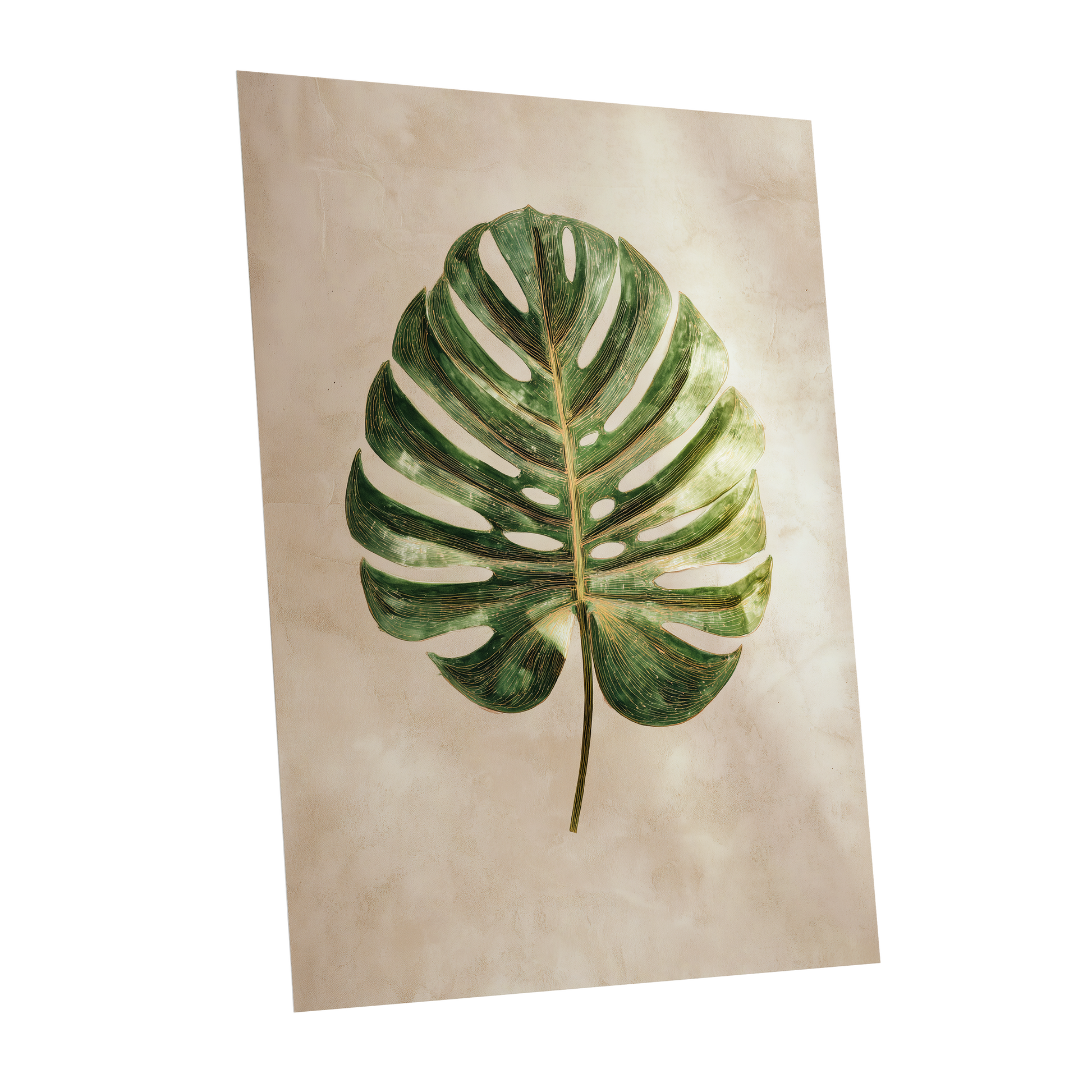 Linen-Ground Monstera, green, beige, gold nature wall art shown as a unframed poster wall art print