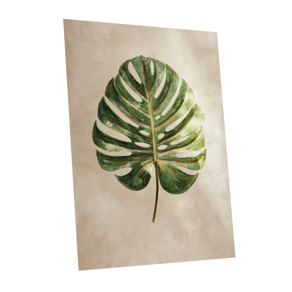 Linen-Ground Monstera, green, beige, gold nature wall art shown as a unframed poster wall art print