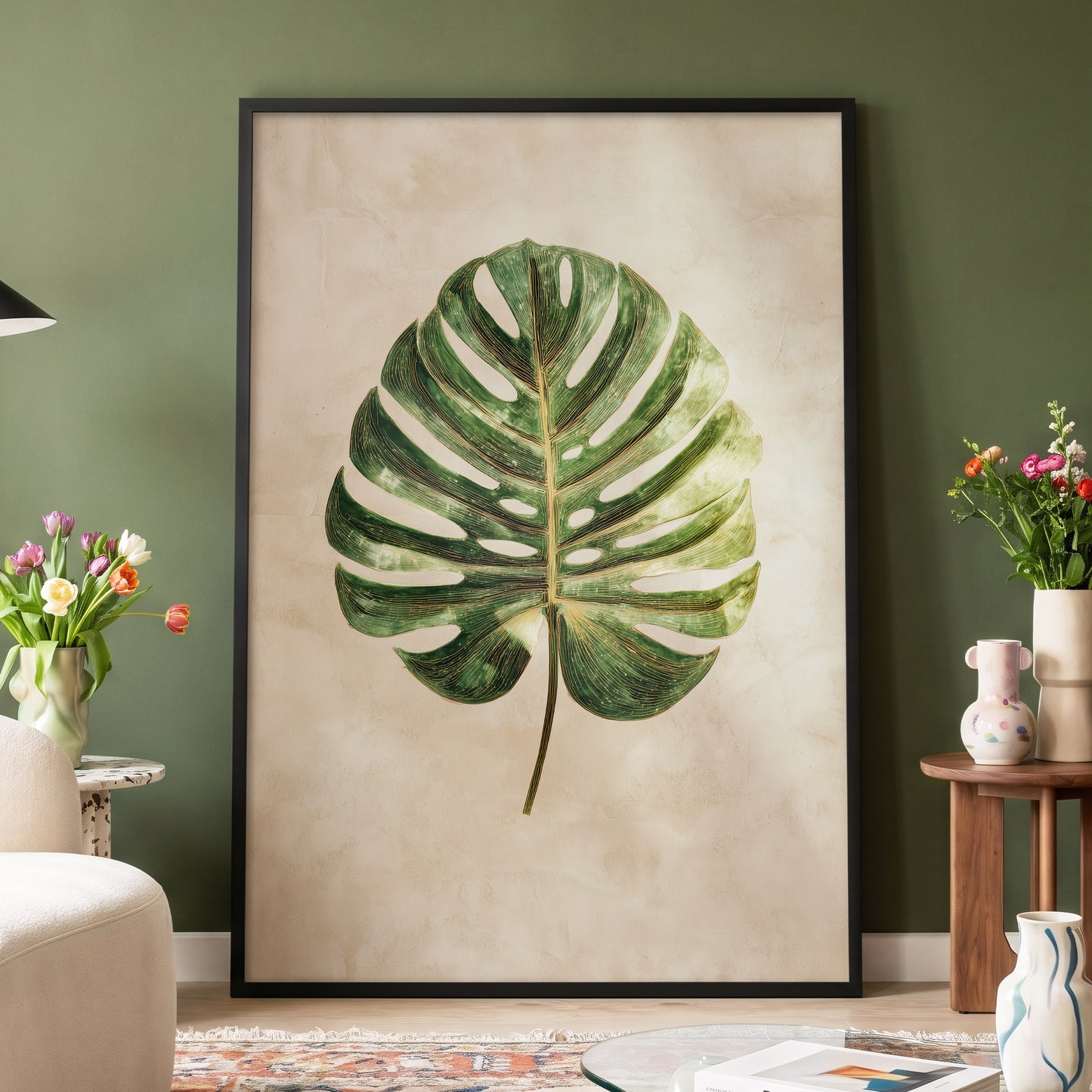 Linen-Ground Monstera, green, beige, gold nature wall art displayed in a styled interior, gallery view 2