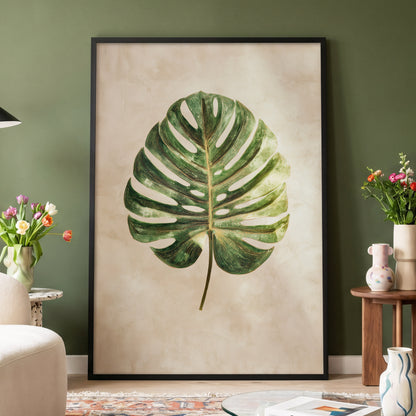 Linen-Ground Monstera, green, beige, gold nature wall art displayed in a styled interior, gallery view 2