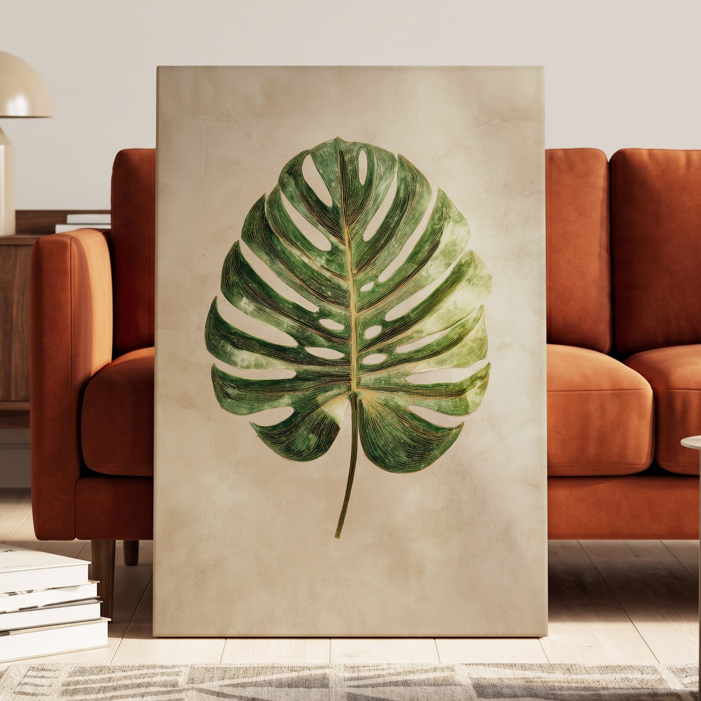 Linen-Ground Monstera, green, beige, gold nature wall art displayed in a styled interior, gallery view 3