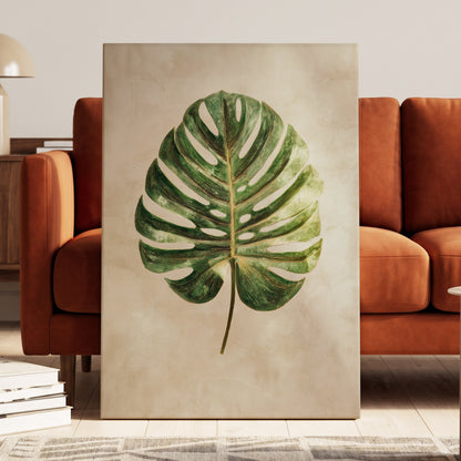 Linen-Ground Monstera, green, beige, gold nature wall art displayed in a styled interior, gallery view 3