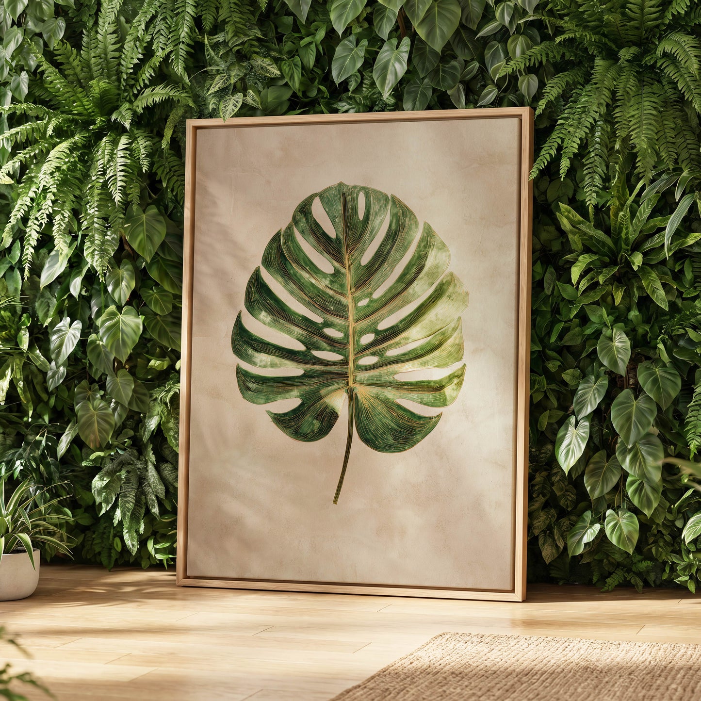Linen-Ground Monstera, green, beige, gold nature wall art displayed in a styled interior, gallery view 4
