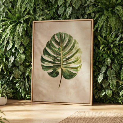 Linen-Ground Monstera, green, beige, gold nature wall art displayed in a styled interior, gallery view 4