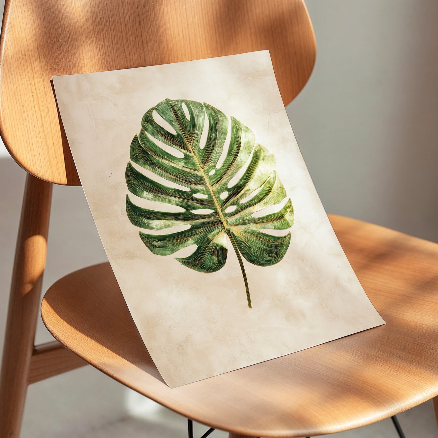 Linen-Ground Monstera, green, beige, gold nature wall art displayed in a styled interior, gallery view 5