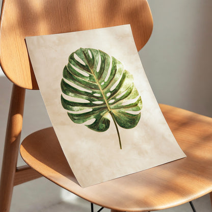 Linen-Ground Monstera, green, beige, gold nature wall art displayed in a styled interior, gallery view 5