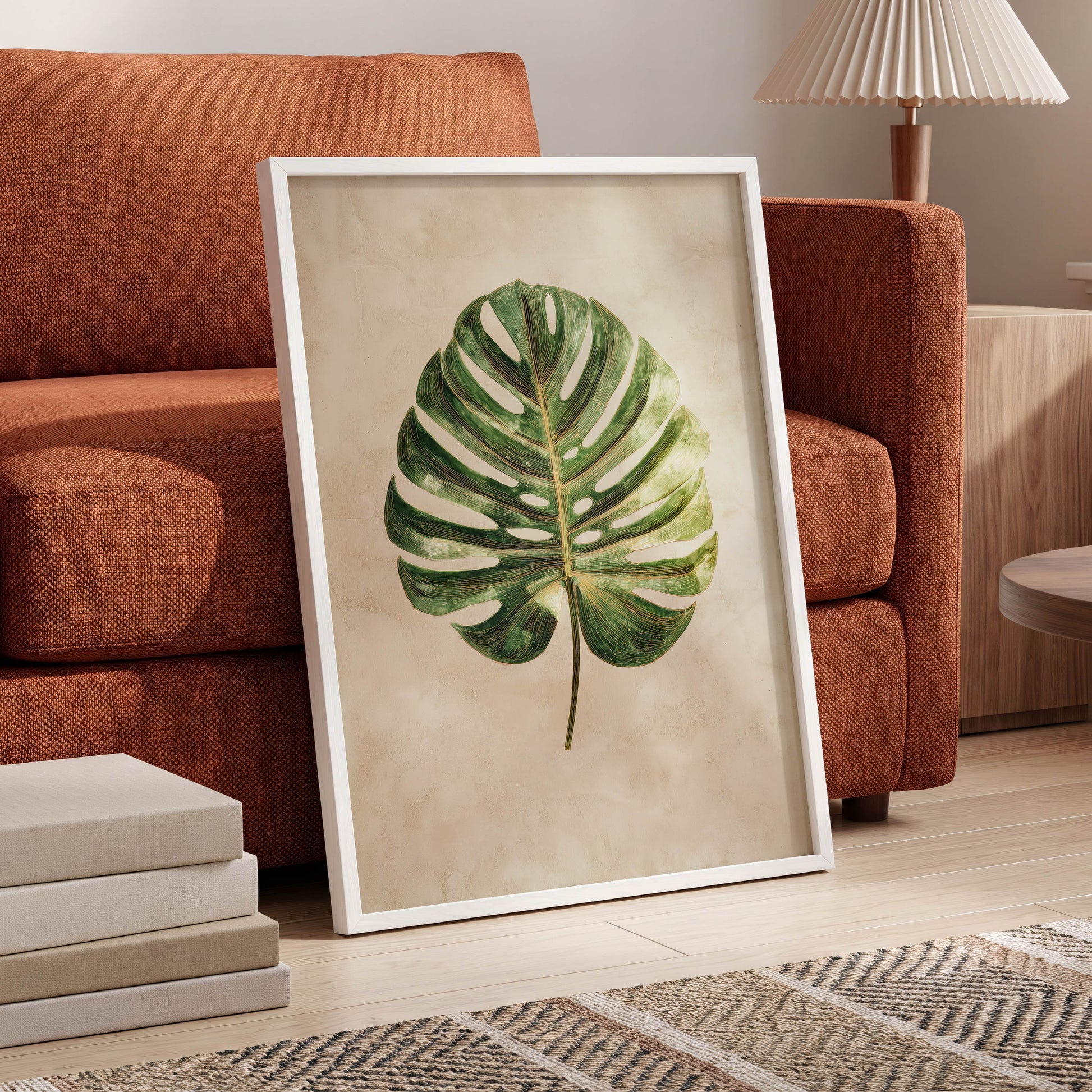 Linen-Ground Monstera, green, beige, gold nature wall art displayed in a styled interior, gallery view 6