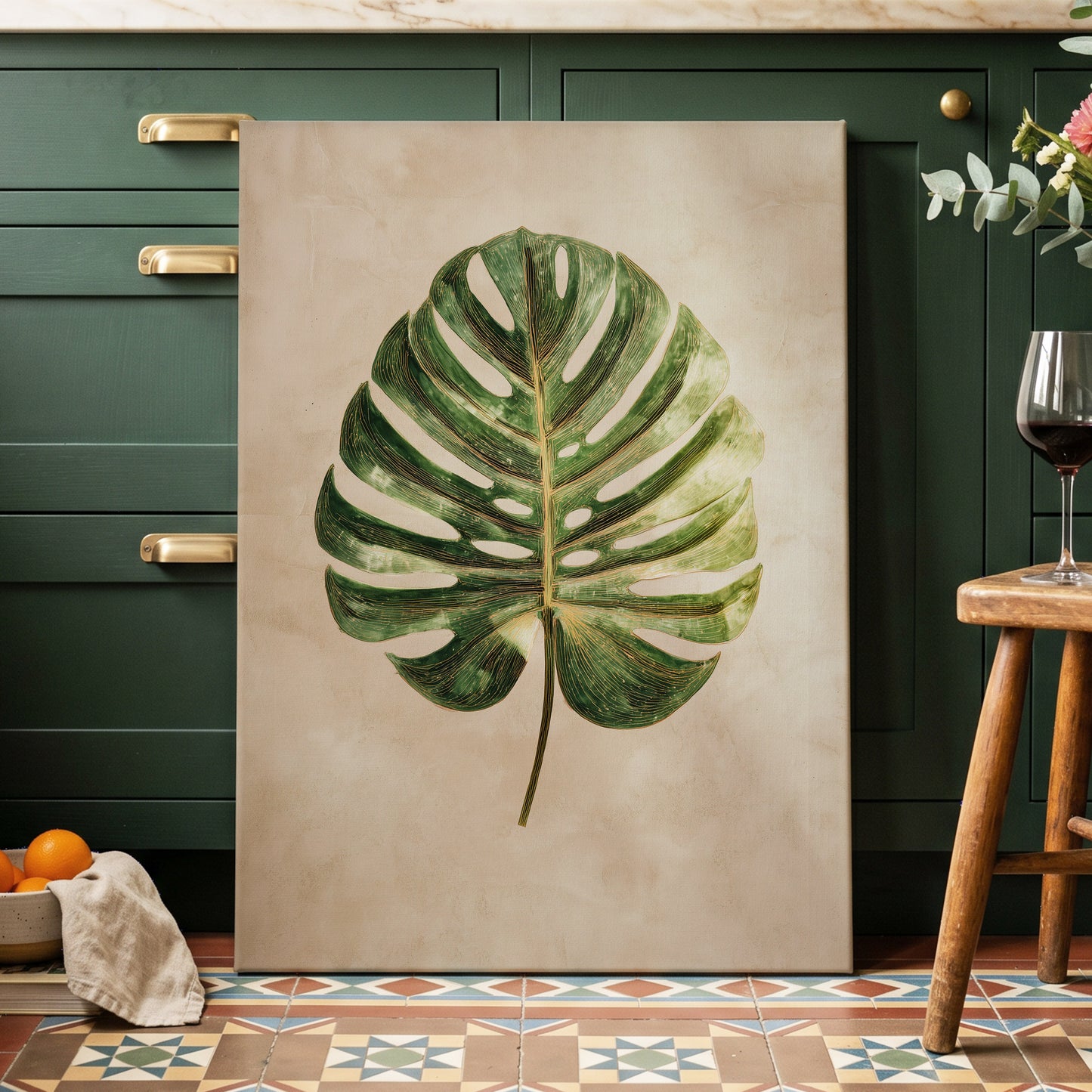 Linen-Ground Monstera, green, beige, gold nature wall art displayed in a styled interior, gallery view 7