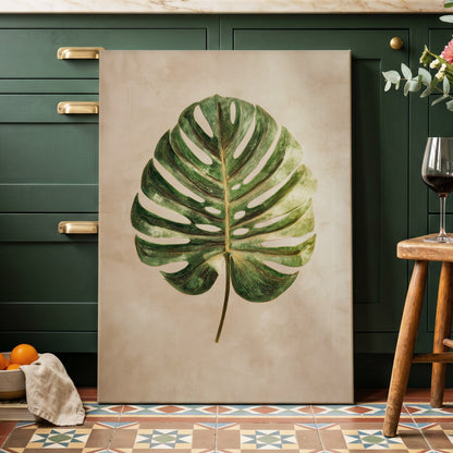 Linen-Ground Monstera, green, beige, gold nature wall art displayed in a styled interior, gallery view 7