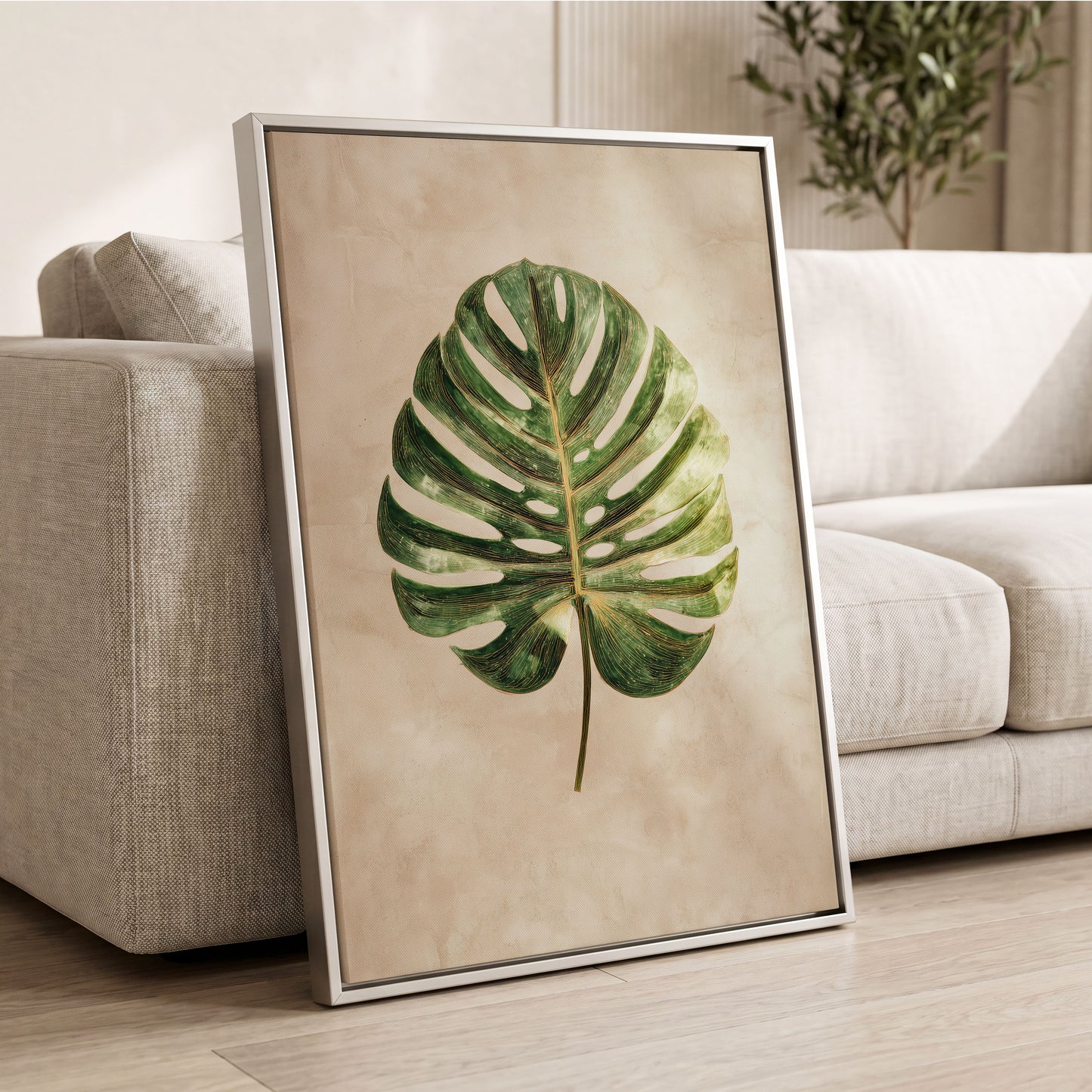 Linen-Ground Monstera, green, beige, gold nature wall art displayed in a styled interior, gallery view 8