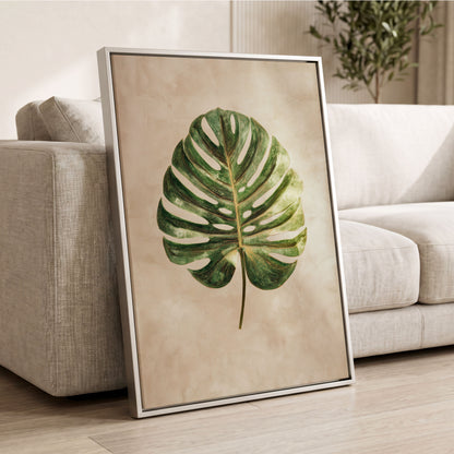 Linen-Ground Monstera, green, beige, gold nature wall art displayed in a styled interior, gallery view 8