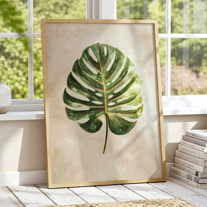 Linen-Ground Monstera, green, beige, gold nature wall art displayed in a styled interior, gallery view 9