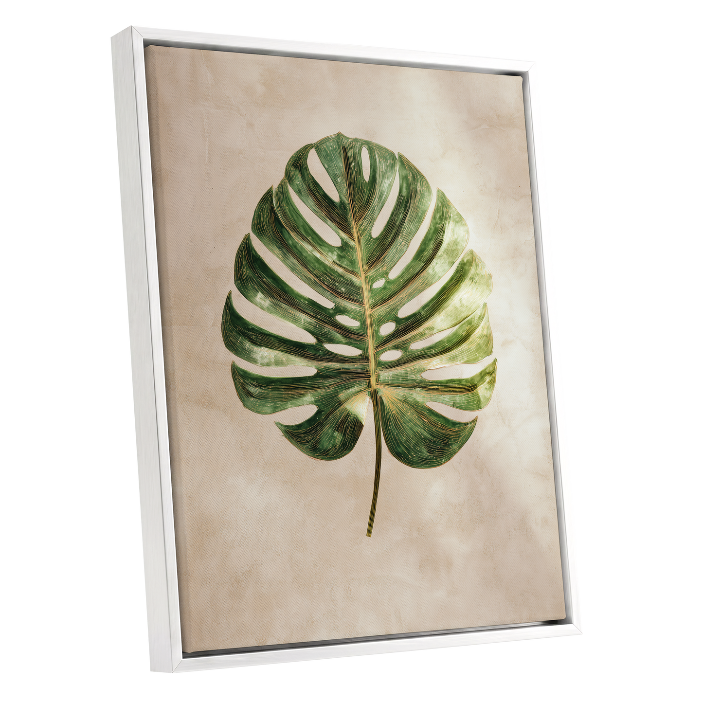 Linen-Ground Monstera, green, beige, gold nature wall art shown as a white framed canvas wall art