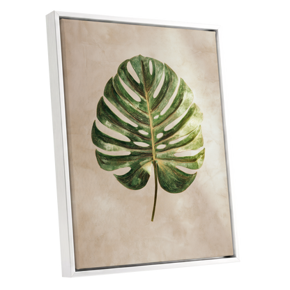 Linen-Ground Monstera, green, beige, gold nature wall art shown as a white framed canvas wall art