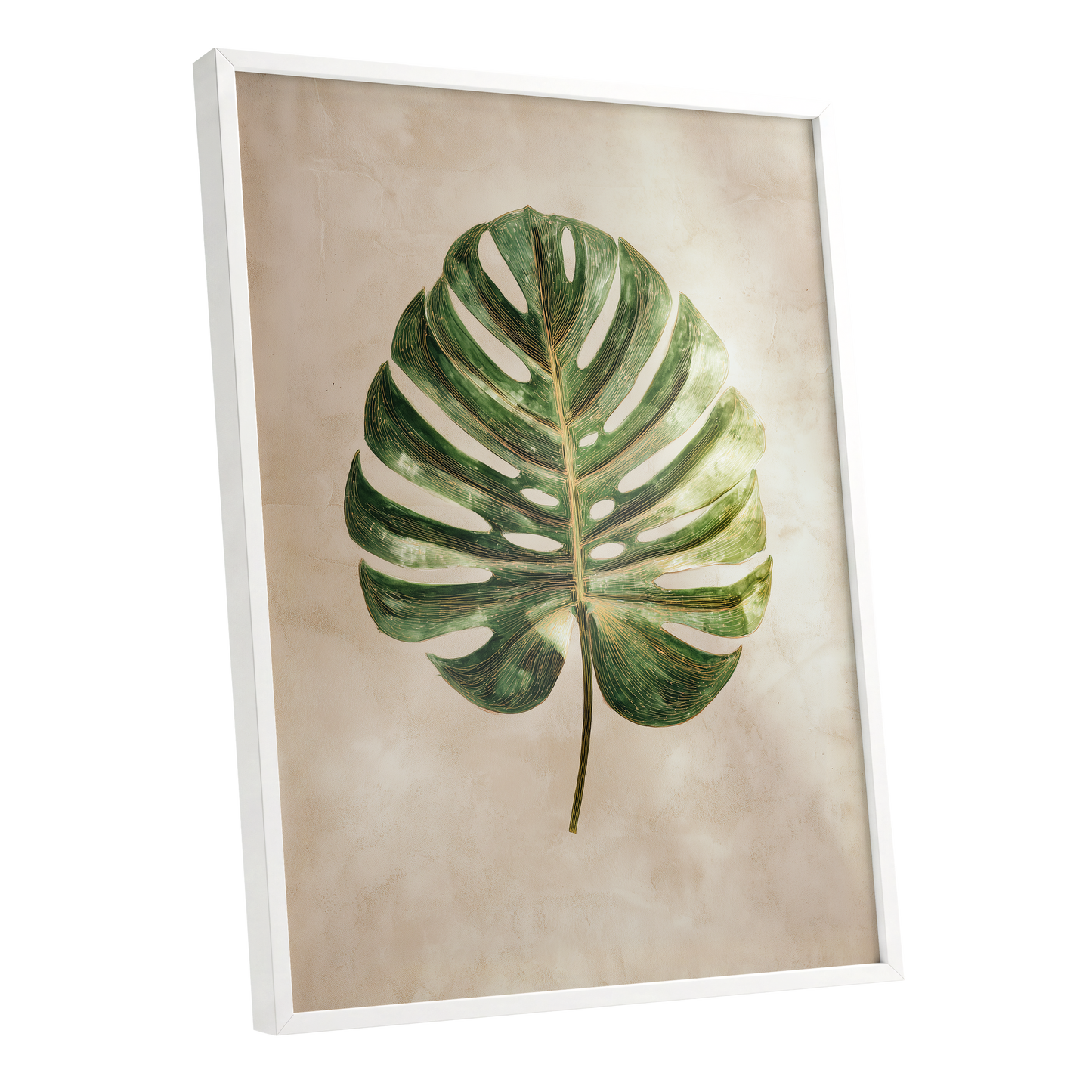 Linen-Ground Monstera, green, beige, gold nature wall art shown as a white framed poster wall art print