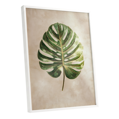 Linen-Ground Monstera, green, beige, gold nature wall art shown as a white framed poster wall art print