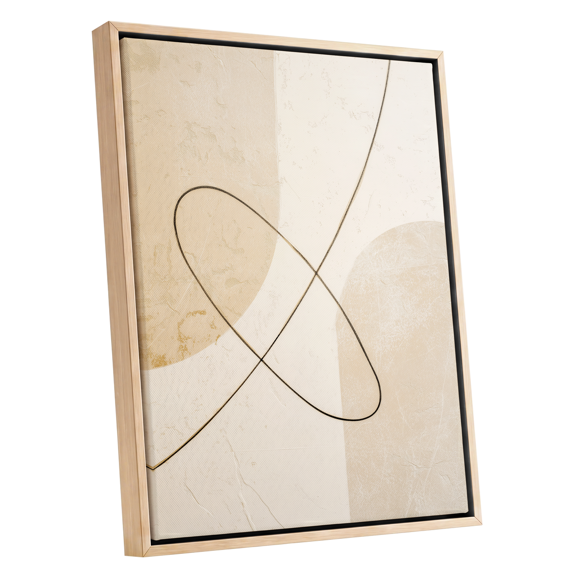 Linen Loopwork, beige, white, black minimalist wall art shown as a oak framed canvas wall art