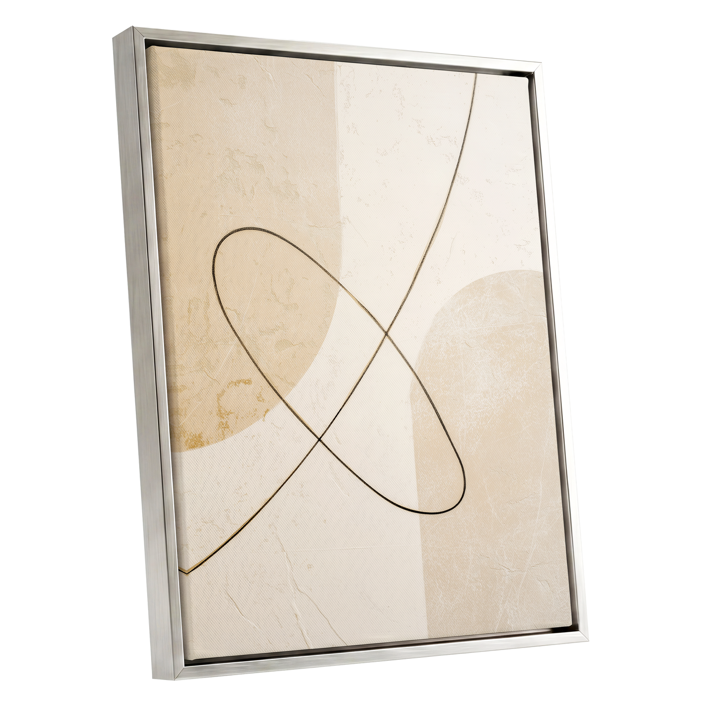 Linen Loopwork, beige, white, black minimalist wall art shown as a silver framed canvas wall art