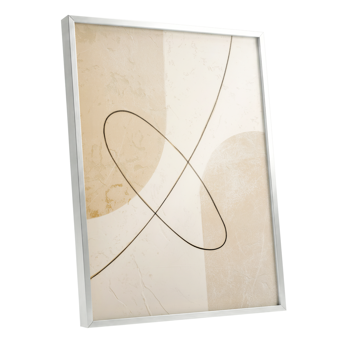 Linen Loopwork, beige, white, black minimalist wall art shown as a silver framed poster wall art print