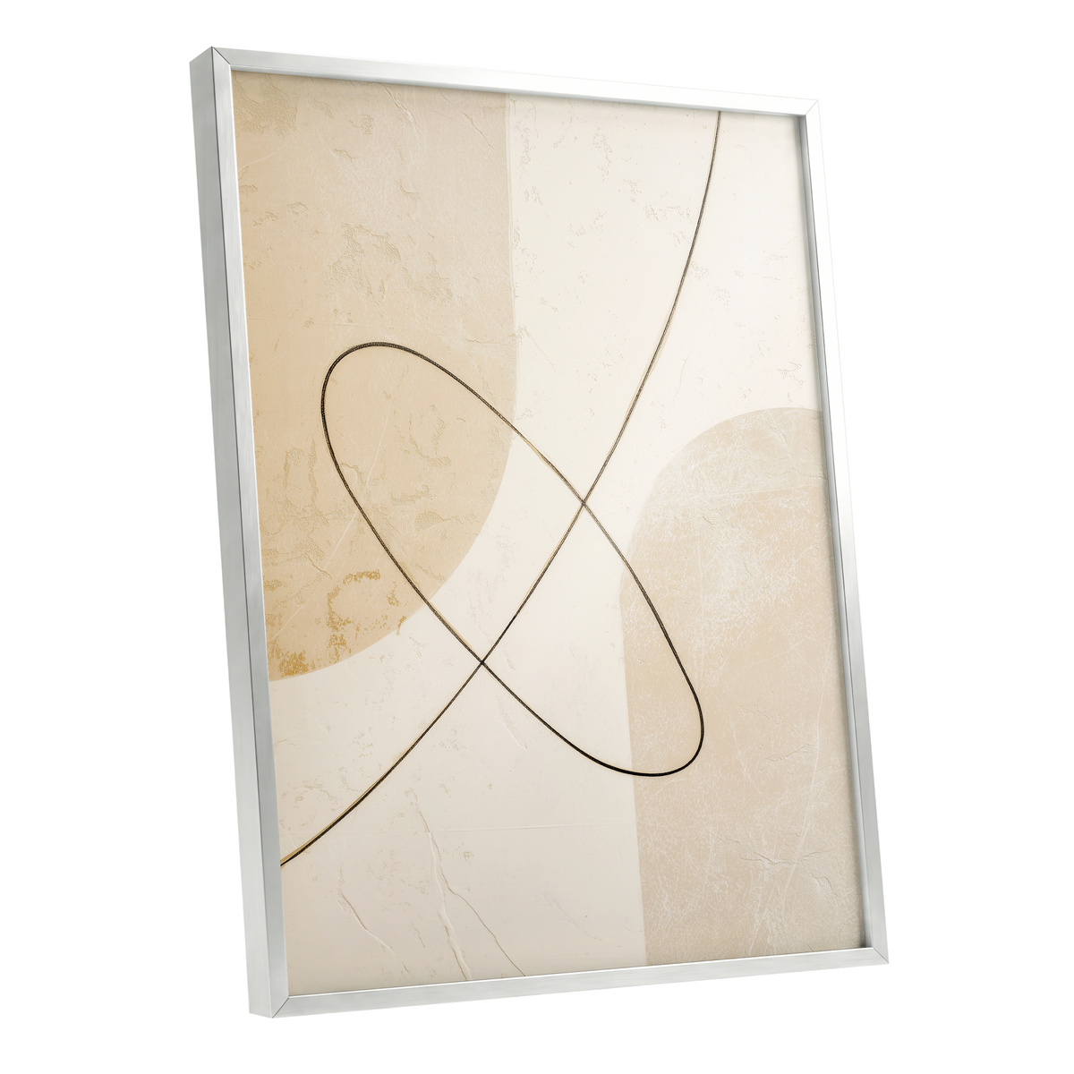 Linen Loopwork, beige, white, black minimalist wall art shown as a silver framed poster wall art print