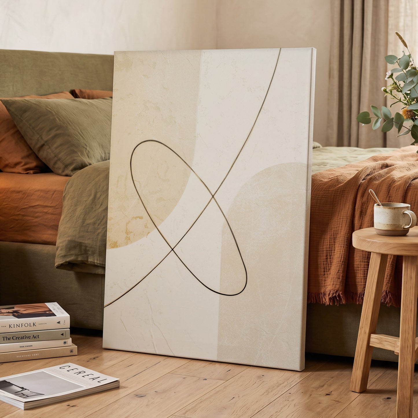 Linen Loopwork, beige, white, black minimalist wall art displayed in a styled interior, gallery view 3