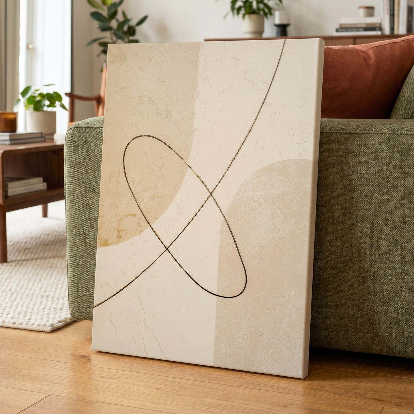 Linen Loopwork, beige, white, black minimalist wall art displayed in a styled interior, gallery view 7