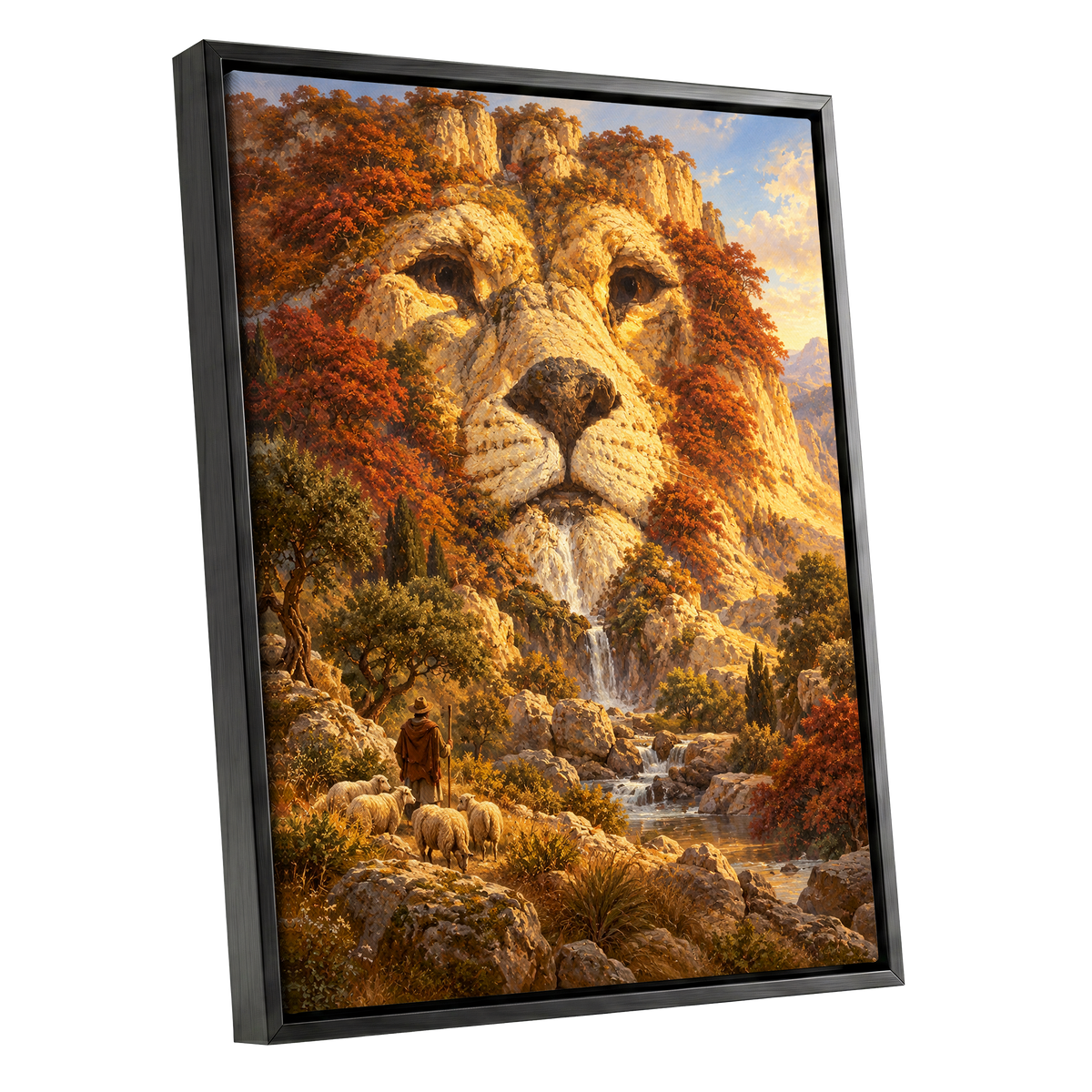 Lion of the Golden Valley, gold, orange, beige nature wall art shown as a black framed canvas wall art