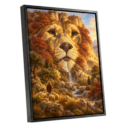 Lion of the Golden Valley, gold, orange, beige nature wall art shown as a black framed canvas wall art