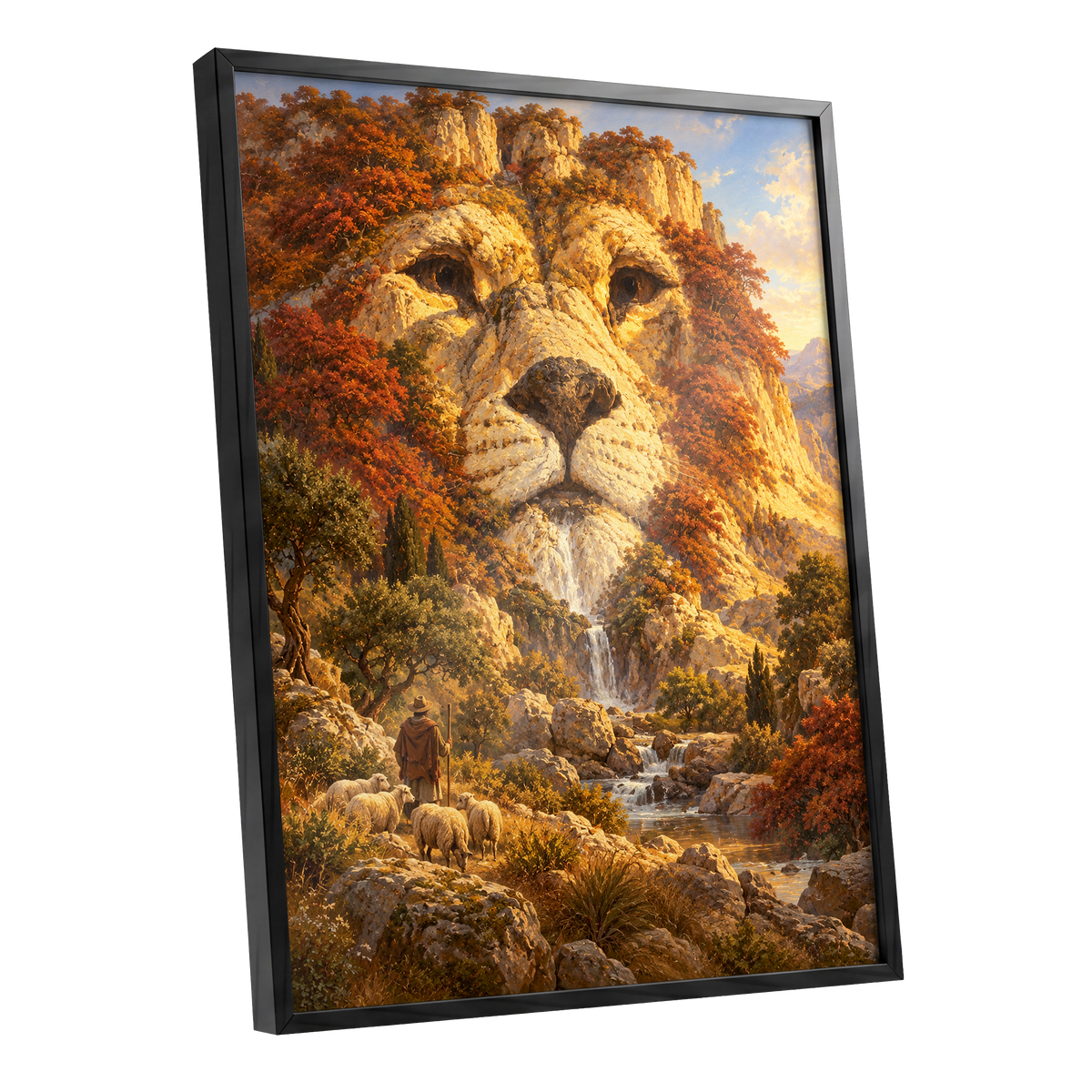 Lion of the Golden Valley, gold, orange, beige nature wall art shown as a black framed poster wall art print