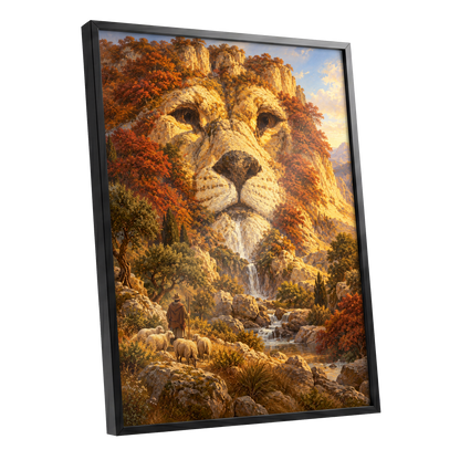 Lion of the Golden Valley, gold, orange, beige nature wall art shown as a black framed poster wall art print