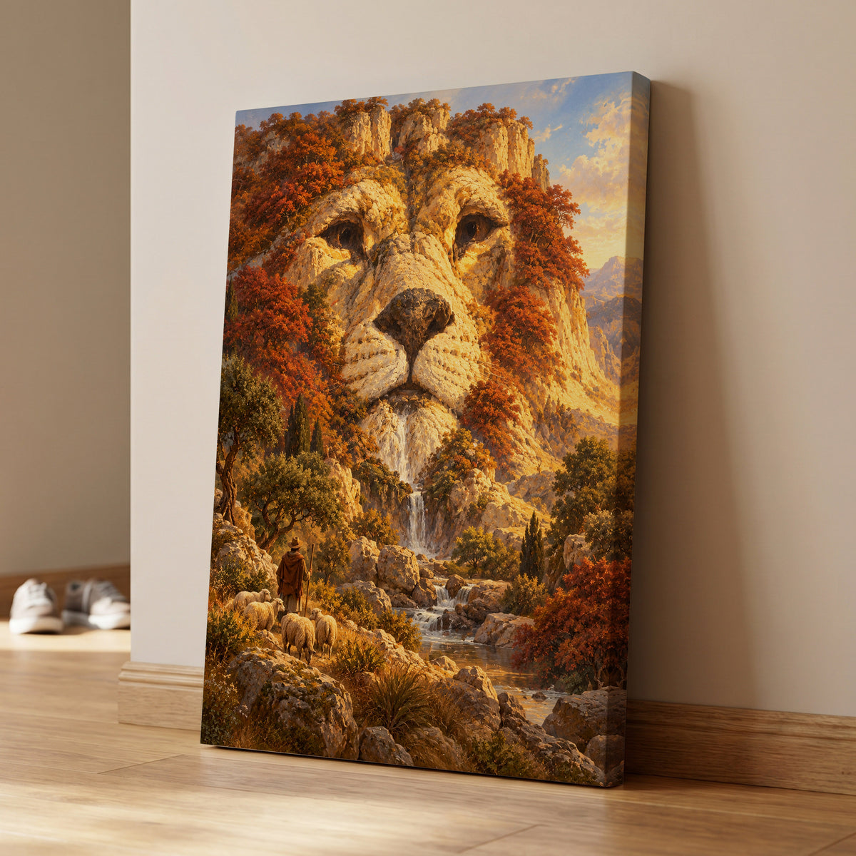 Lion of the Golden Valley, gold, orange, beige nature wall art on canvas displayed in a styled interior, gallery view 1