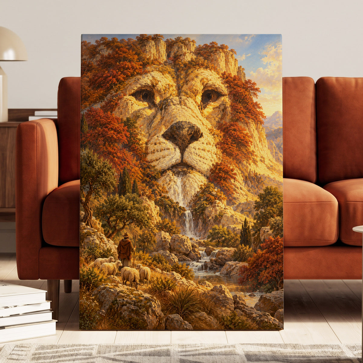 Lion of the Golden Valley, gold, orange, beige nature wall art on canvas displayed in a styled interior, gallery view 2