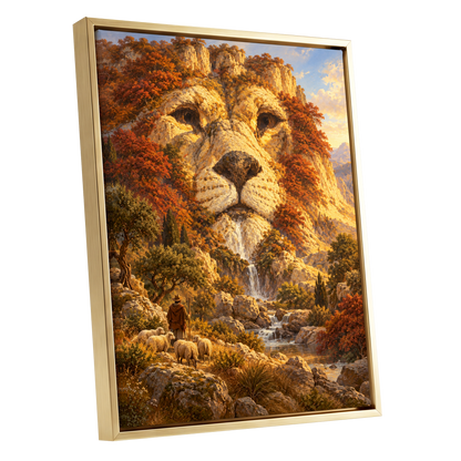 Lion of the Golden Valley, gold, orange, beige nature wall art shown as a gold framed canvas wall art