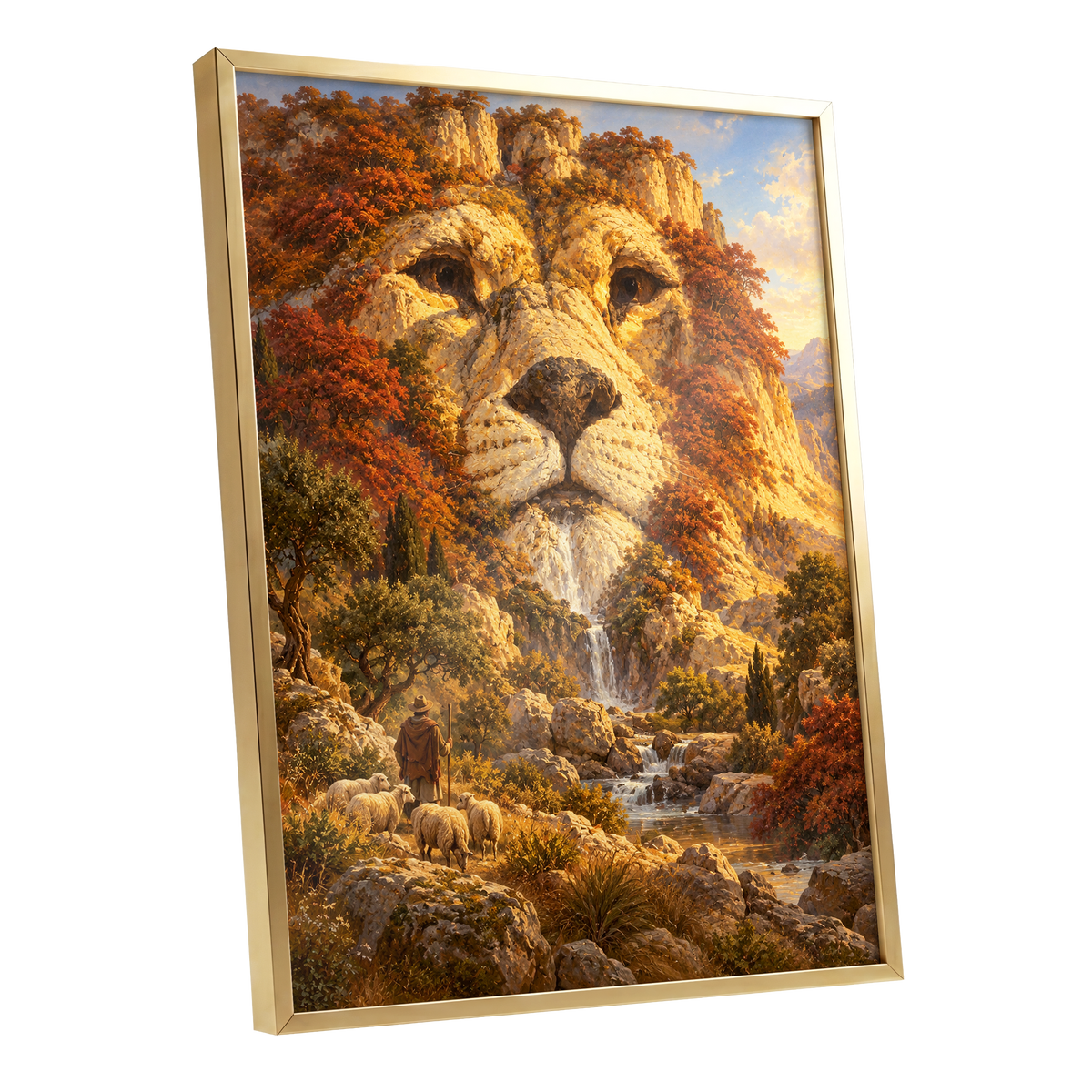 Lion of the Golden Valley, gold, orange, beige nature wall art shown as a gold framed poster wall art print