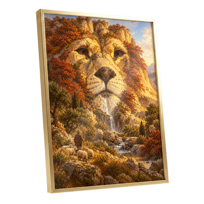 Lion of the Golden Valley, gold, orange, beige nature wall art shown as a gold framed poster wall art print