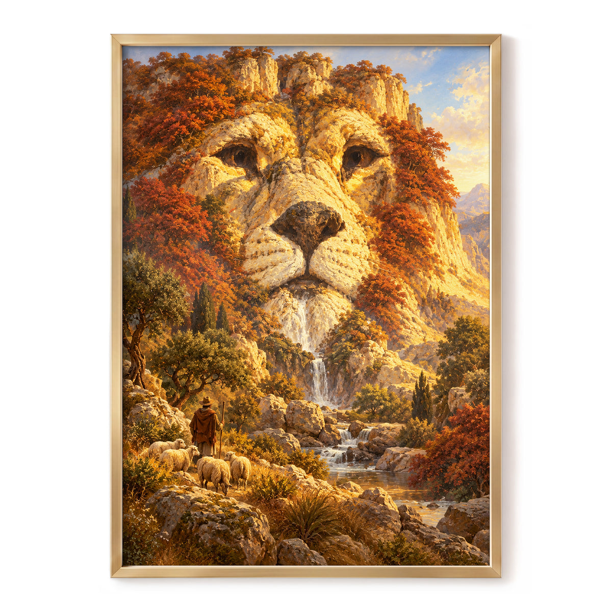 Lion of the Golden Valley, gold, orange, beige nature wall art, front artwork view