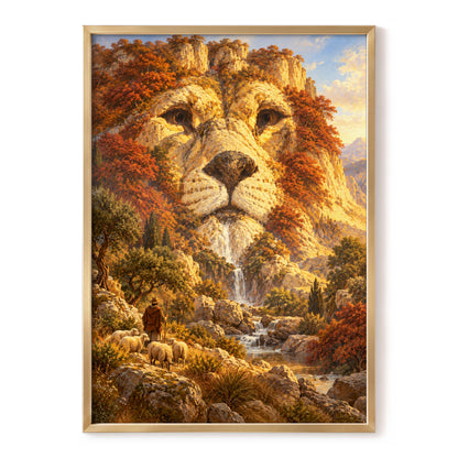 Lion of the Golden Valley, gold, orange, beige nature wall art, front artwork view