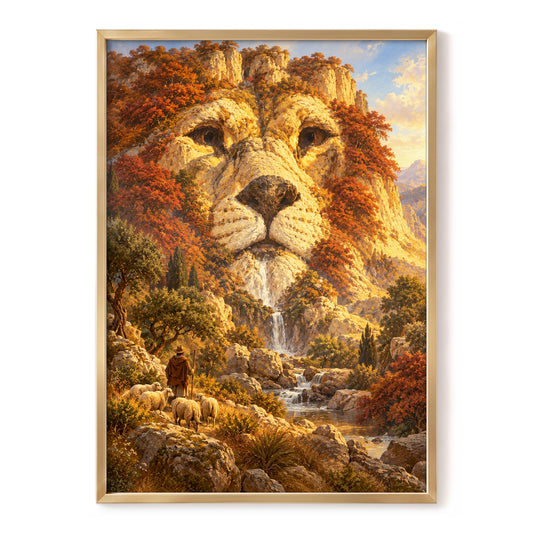 Lion of the Golden Valley, gold, orange, beige nature wall art, front artwork view