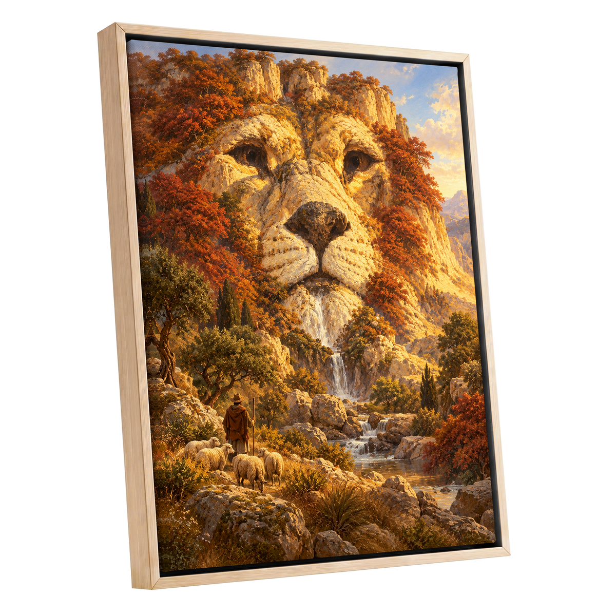 Lion of the Golden Valley, gold, orange, beige nature wall art shown as a oak framed canvas wall art
